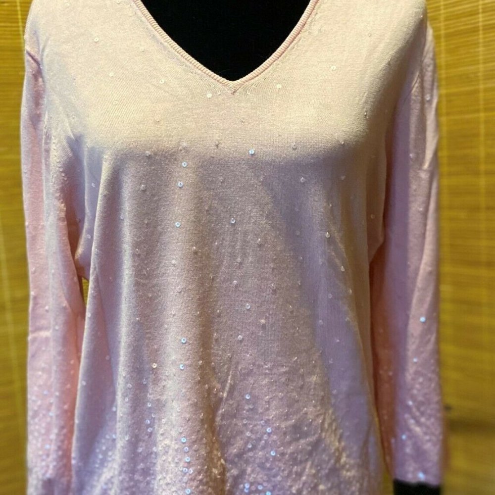 Belford for Saks Fifth Avenue Women's Pink Silk Pullover Sweater XL w/Sequins